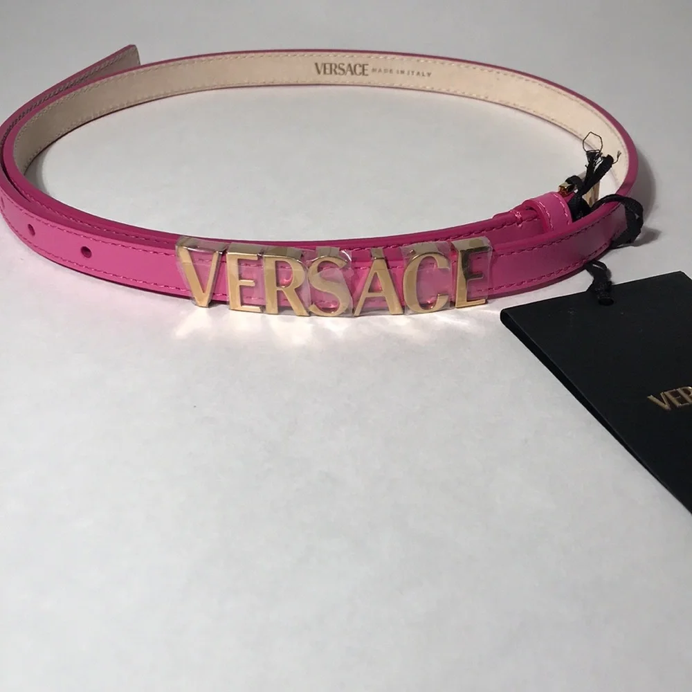 New Authentic Versace Pink Logo Leather Bracelet